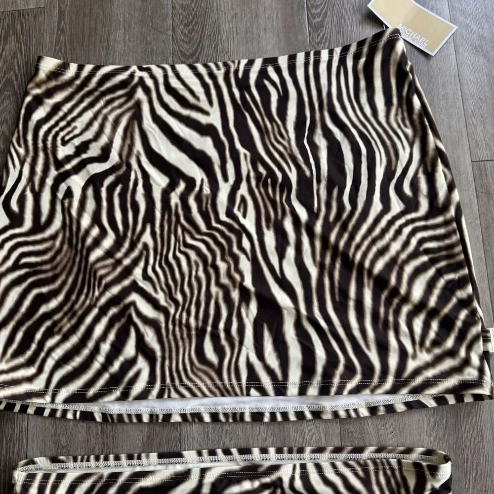 NWT 2 Piece Michael Kors Sz L Bottoms & Skirt Striped Chocolate Zebra Swimsuit